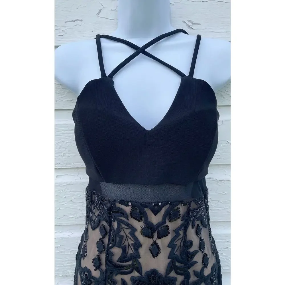 Emerald Sundae Dress Sz 3/4 Black Nude Lace Sequin Strappy Sleeveless Mini - Picture 2 of 6